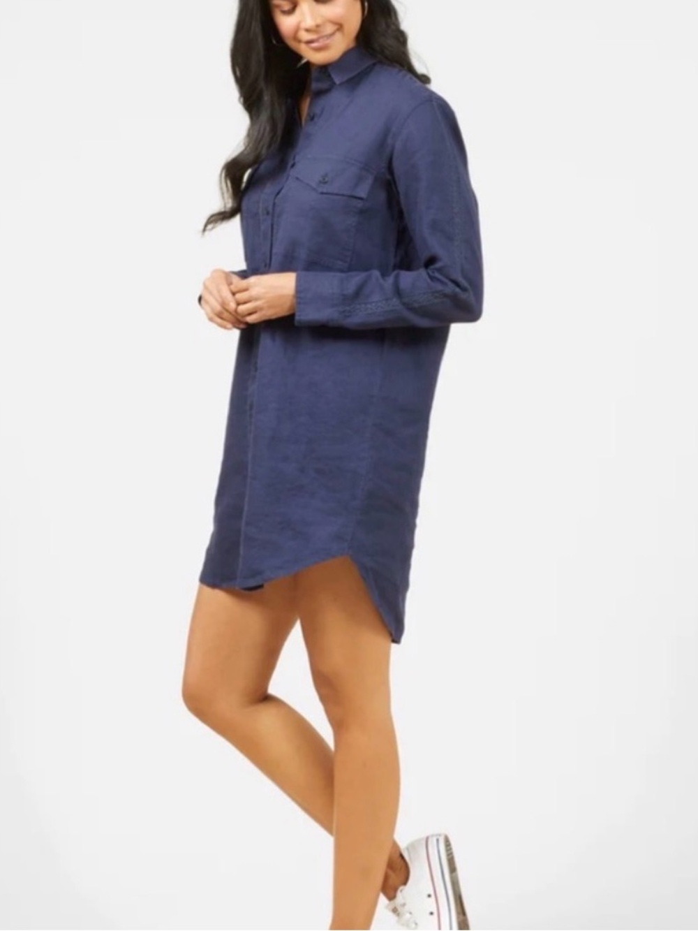 Outerknown Shirt Dress Women's XS Blue Linen Organic Cotton Crochet Long Sleeve